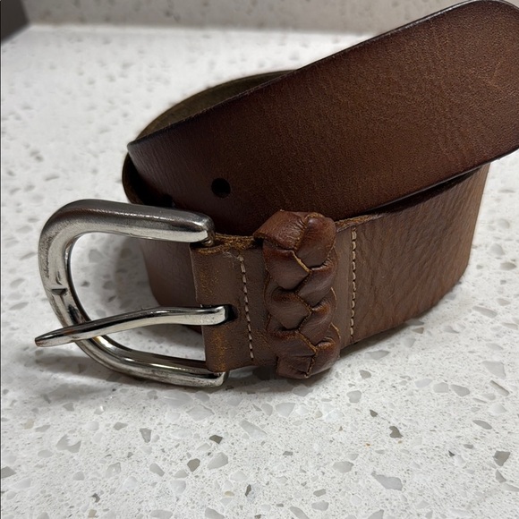 Leather Belt W Heavy buckle w woven detail thick brown distressed boho SZ L 45” - Picture 1 of 6